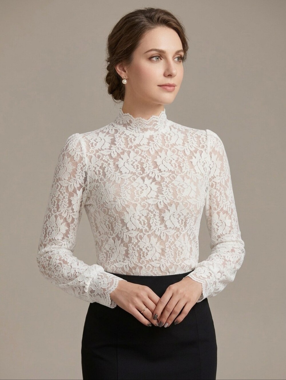 Women's White Sheer Lace Long-Sleeve Mock Neck Blouse Size S